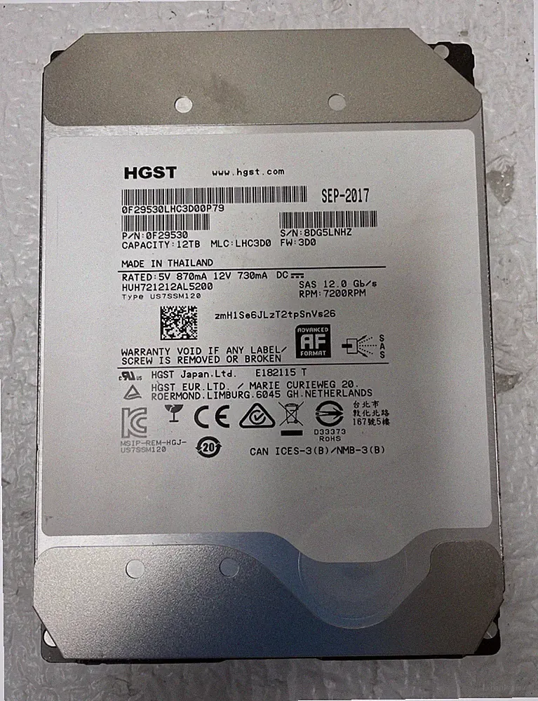 HGST HUH721212AL5200 12TB 3.5" 12Gb/s 7.2K RPM SAS Drive P/N: 0F29530